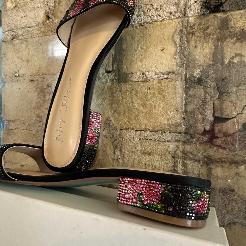 Betsey Johnson Black Slide Heels with Pink & Green Crystal Florals - Picture 2 of 10